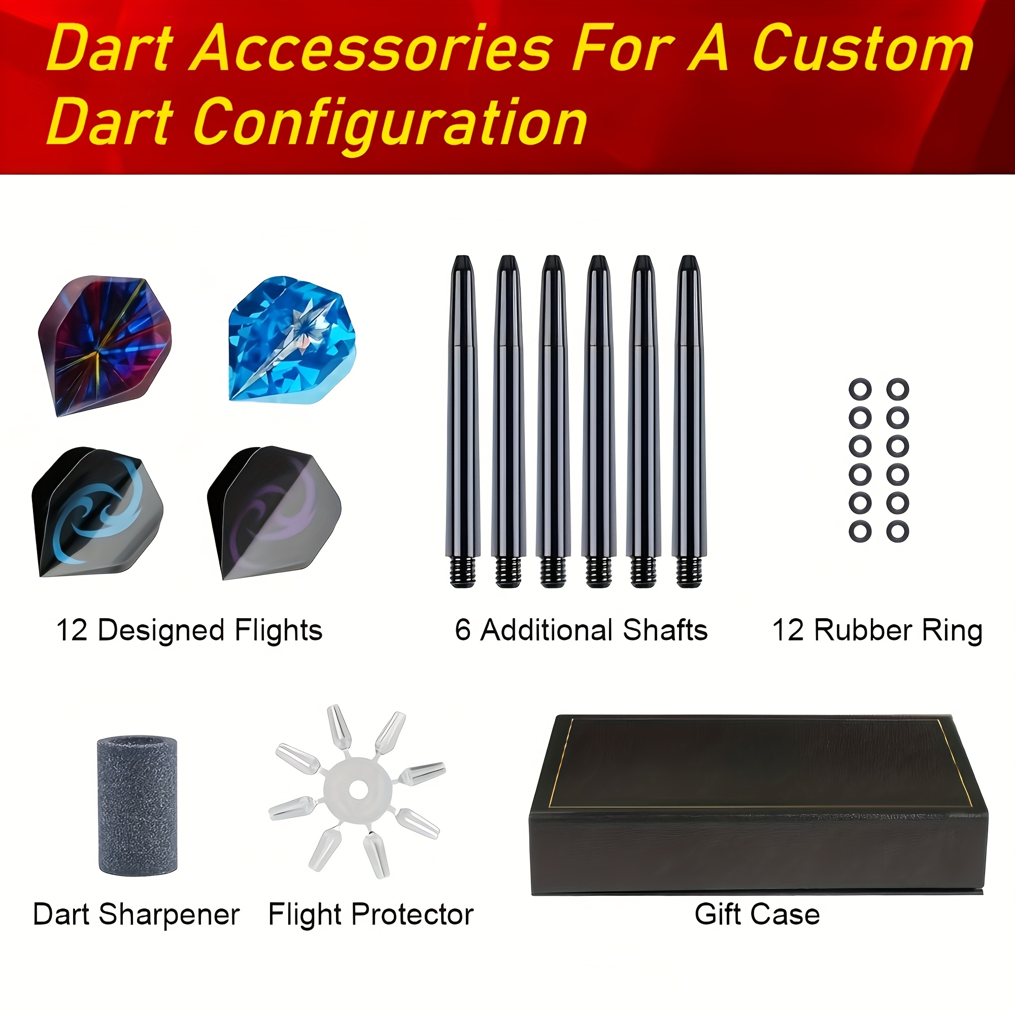 Stalen Dart Set, met 6 Professionele 24G Darts, Anti-Slip Roestvrijstalen Tips, 4 Stijlen van Polymeer Vluchten, PVC Schachten, een Dart Slijper, Rubberen Ringen, en Wordt geleverd in een Geschenkdoos