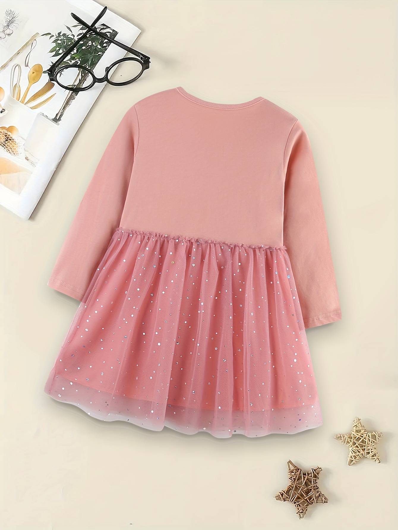 Elegante konijnen- bloemenprint tule rok jurk voor meisjes met zoom  Zachte pastel* lange mouw ronde hals knielange jurk voor lente/herfst,