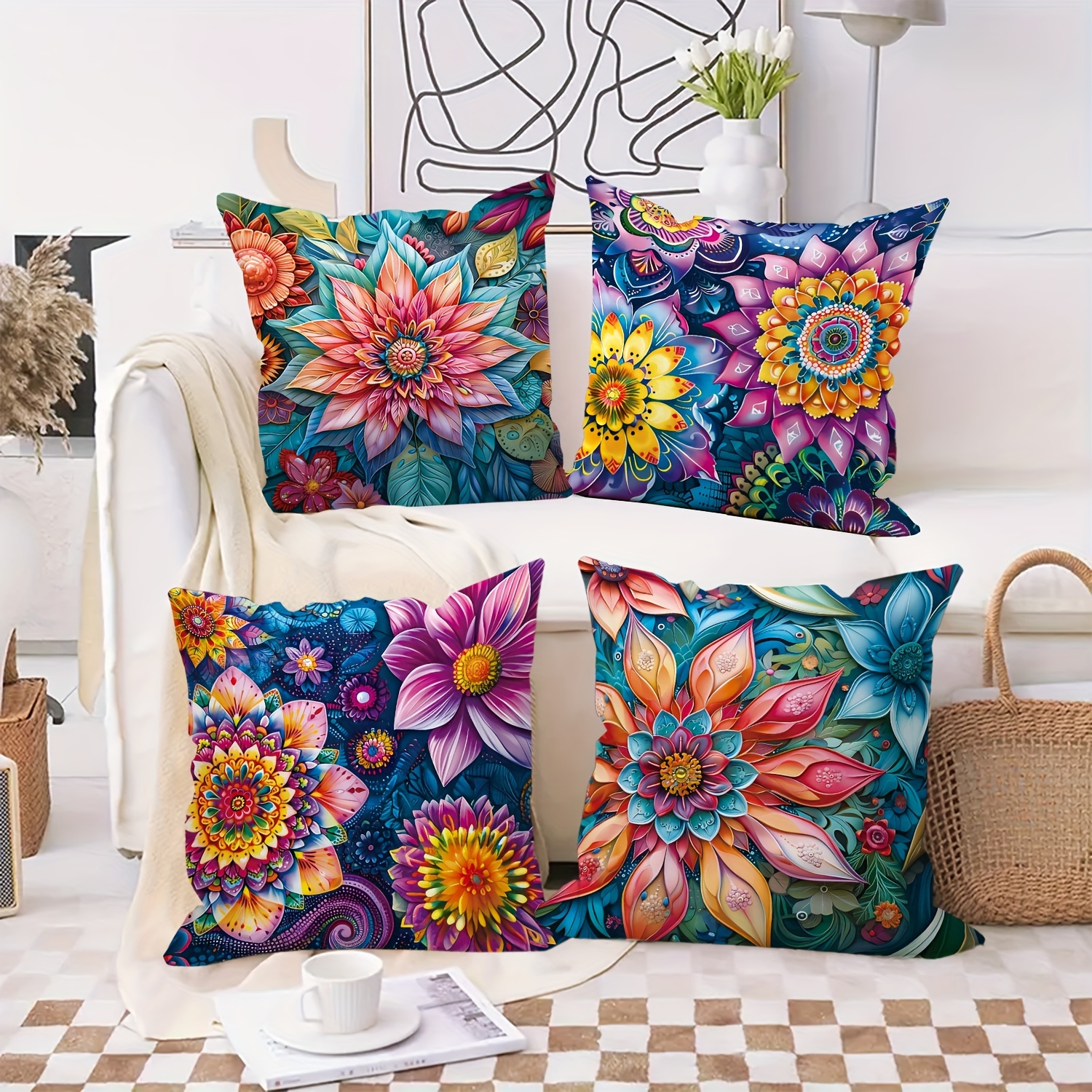

Bohemian Style Floral Throw Pillow Covers Set Of 4, Machine Washable, Decorative Polyester Pillowcases With Zipper Closure For Sofa And Bedroom - 18x18 Inches