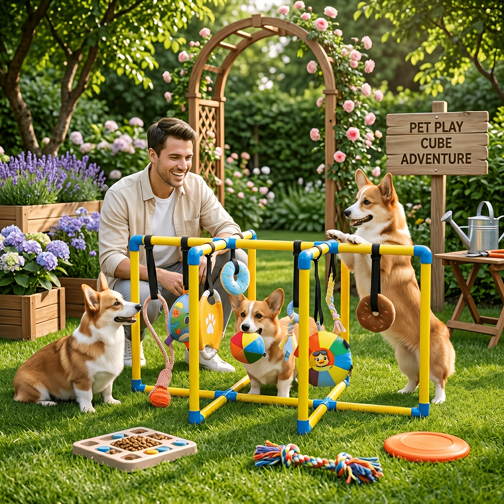Play Gym & Interactive Activity Center - Sturdy Pvc Frame With 8 Detachable Dental Chew & Hanging Rope Toys For Puppies, Cats & Small Breeds