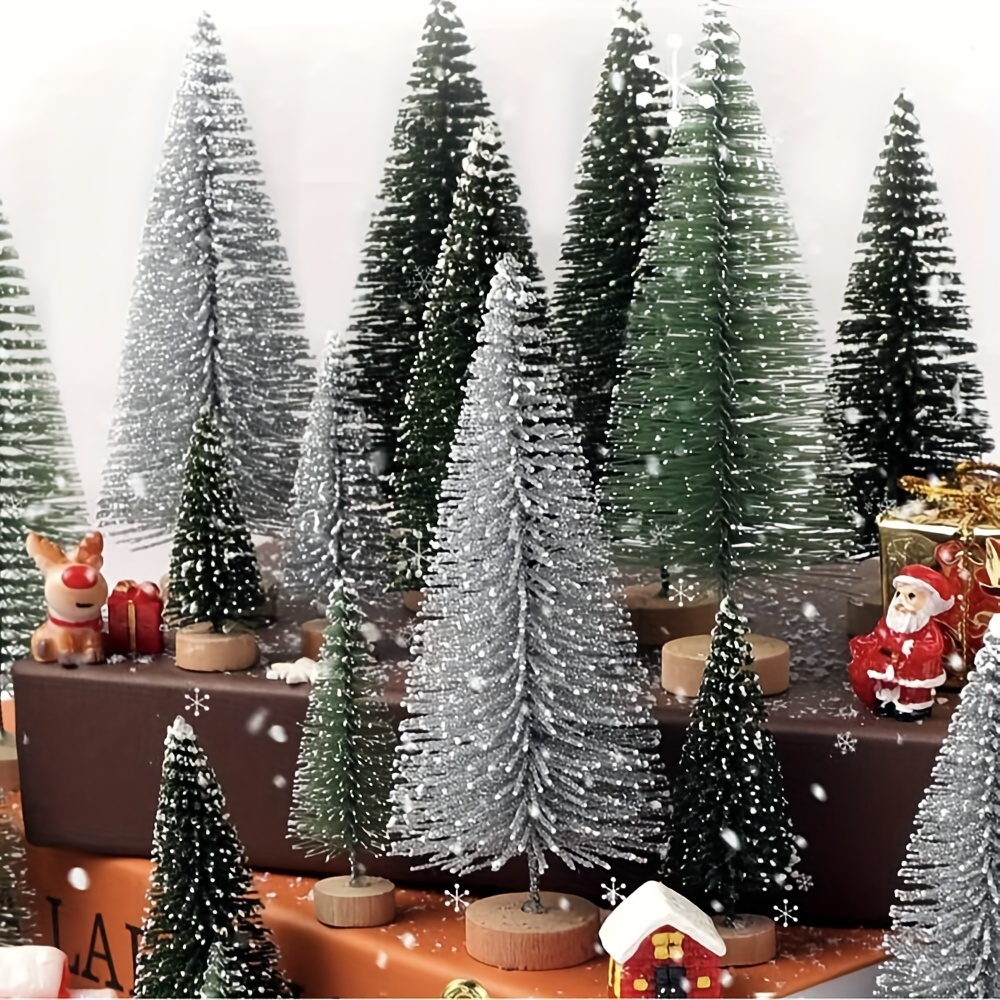 

12-piece Mini Christmas Tree Set With Snow Sprinkled Effect And Wooden Base - All-season Plastic Decorative Trees For Holiday Tabletop Decor, Multi-light, No Electricity Required