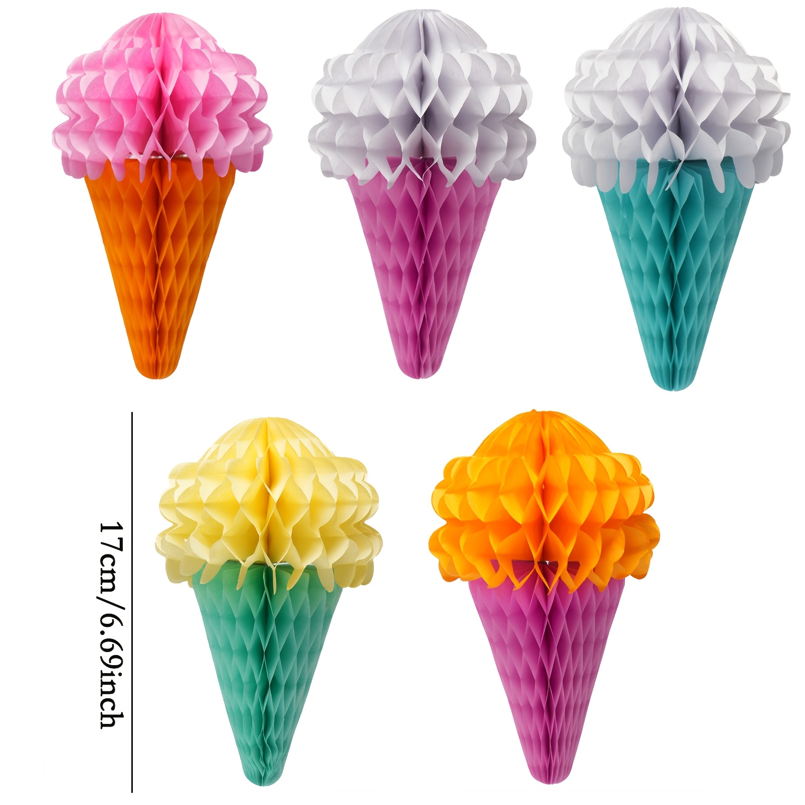 Image of 5pcs Hanging Paper Honeycomb Decorations Shaped Like Ice Cream, Perfect For Birthday Parties, Pool Parties, And