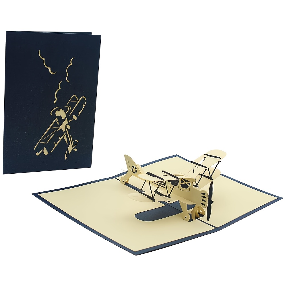 

3d Airplane Pop-up Birthday Card Set - Handcrafted Paper Carving With Golden 3d , Navy Blue Cover - Birthdays & Christmas Greetings - Unique Party Gift Idea