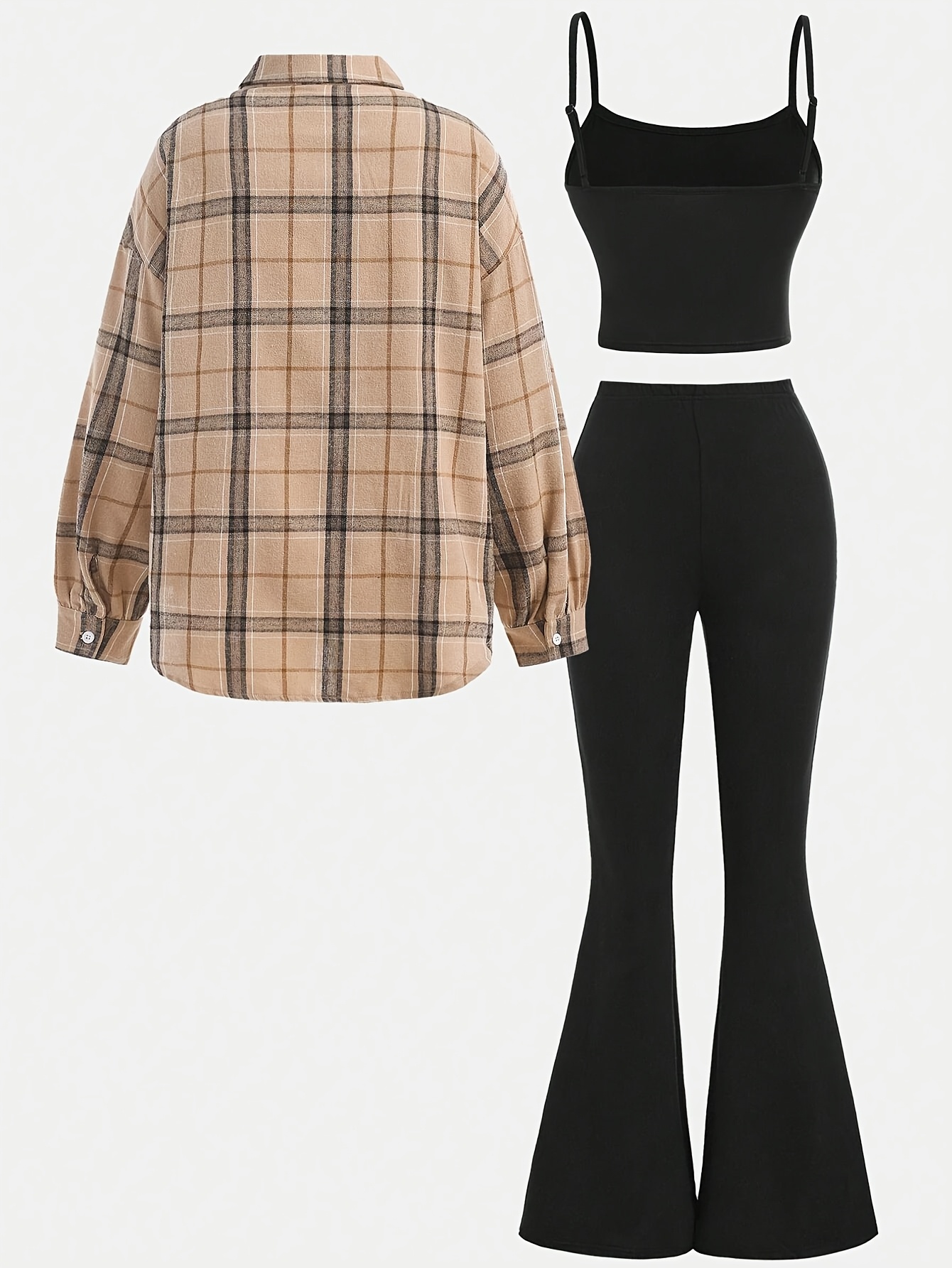 ensemble 3 pièces de chemise à manches longues à carreaux ciblée dp010599+ , haut court noir, pantalon évasé Détails du produit 9