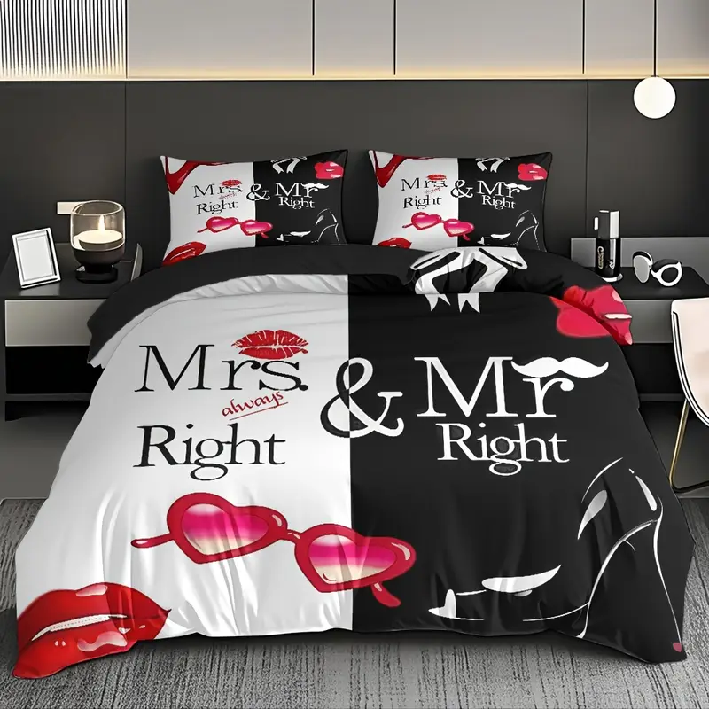 3pcs comfortable romantic couple themed duvet cover set soft high definition with black and white contrast perfect gift for machine washable 1 duvet cover 2 pillowcases no filling Product details 0