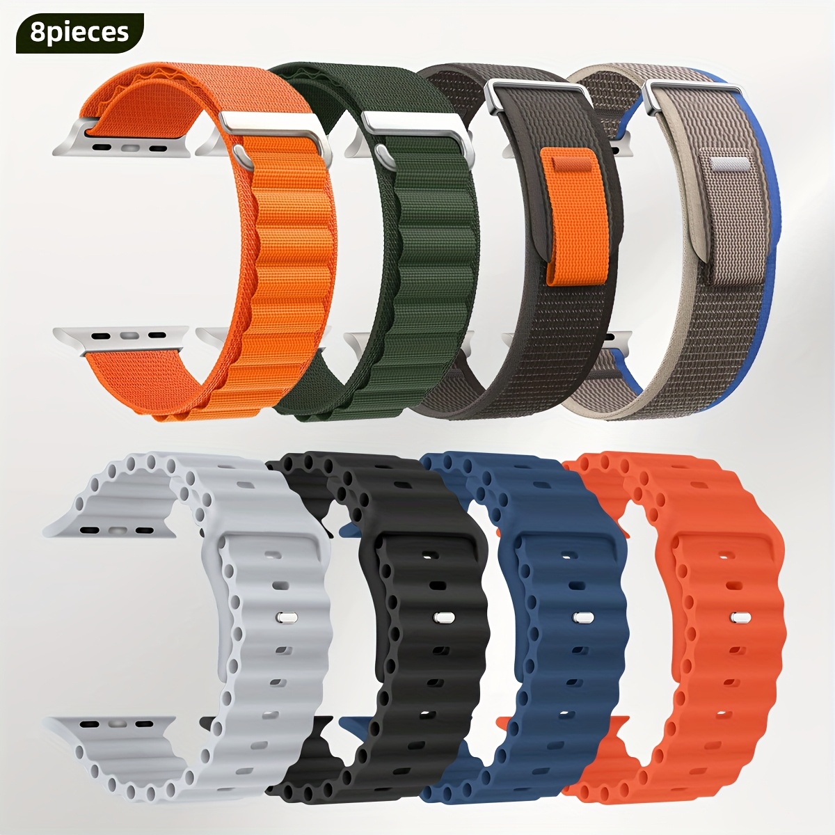 E-shop Ein Set aus 8 Armbändern für die Apple Watch Ultra, inklusive atmungsaktiver , Alpine Loop, Ocean Strap und elastischem Armband, designt für