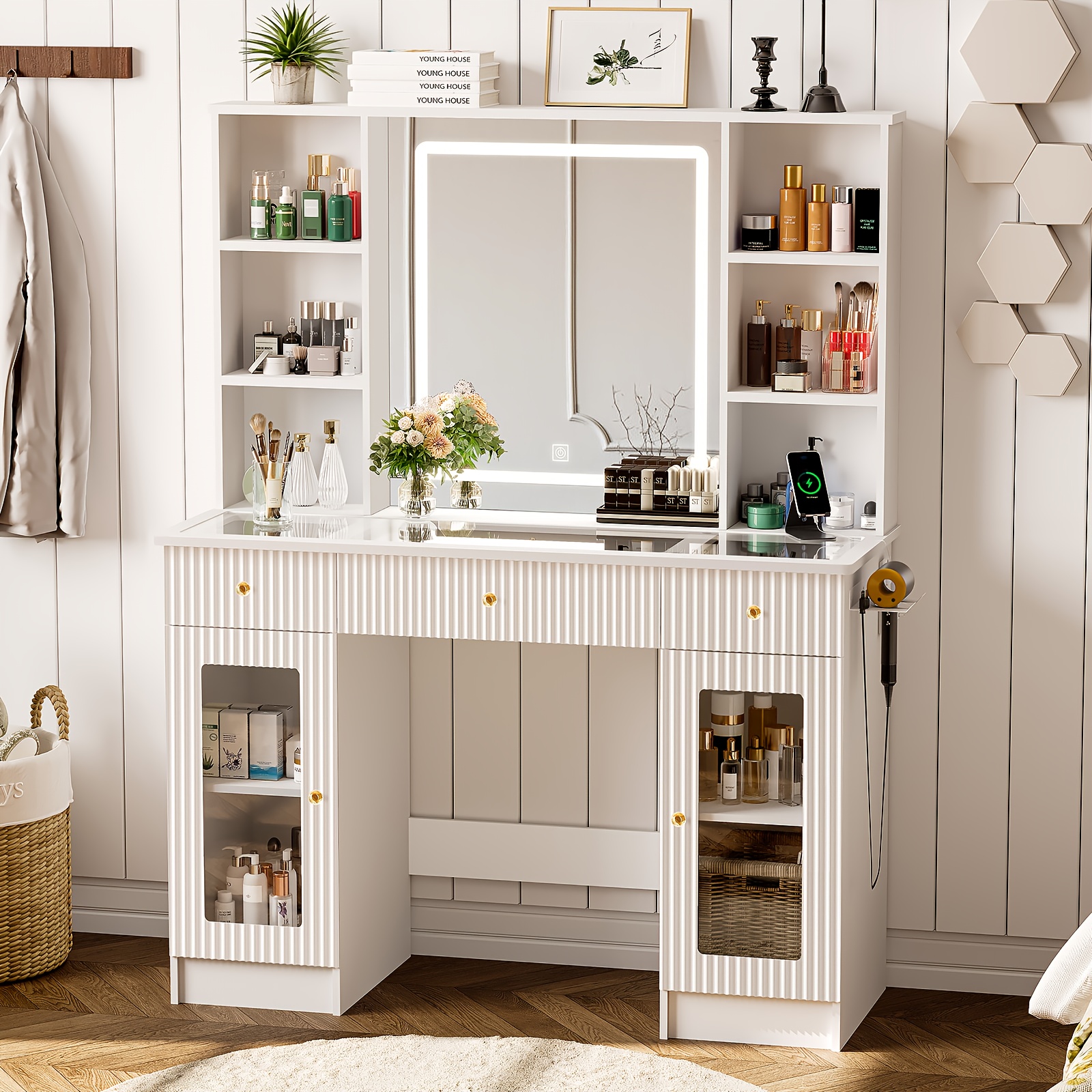 45" Fluted Makeup Vanity Desk With LED Mirror & Lights – 5 Drawers, Glass Top, Charging Station