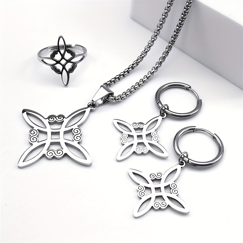 TEMU 4pcs Irish Knot Necklace Ring Earrings Set Stainless Steel Hollow Up Women's Fashion Set