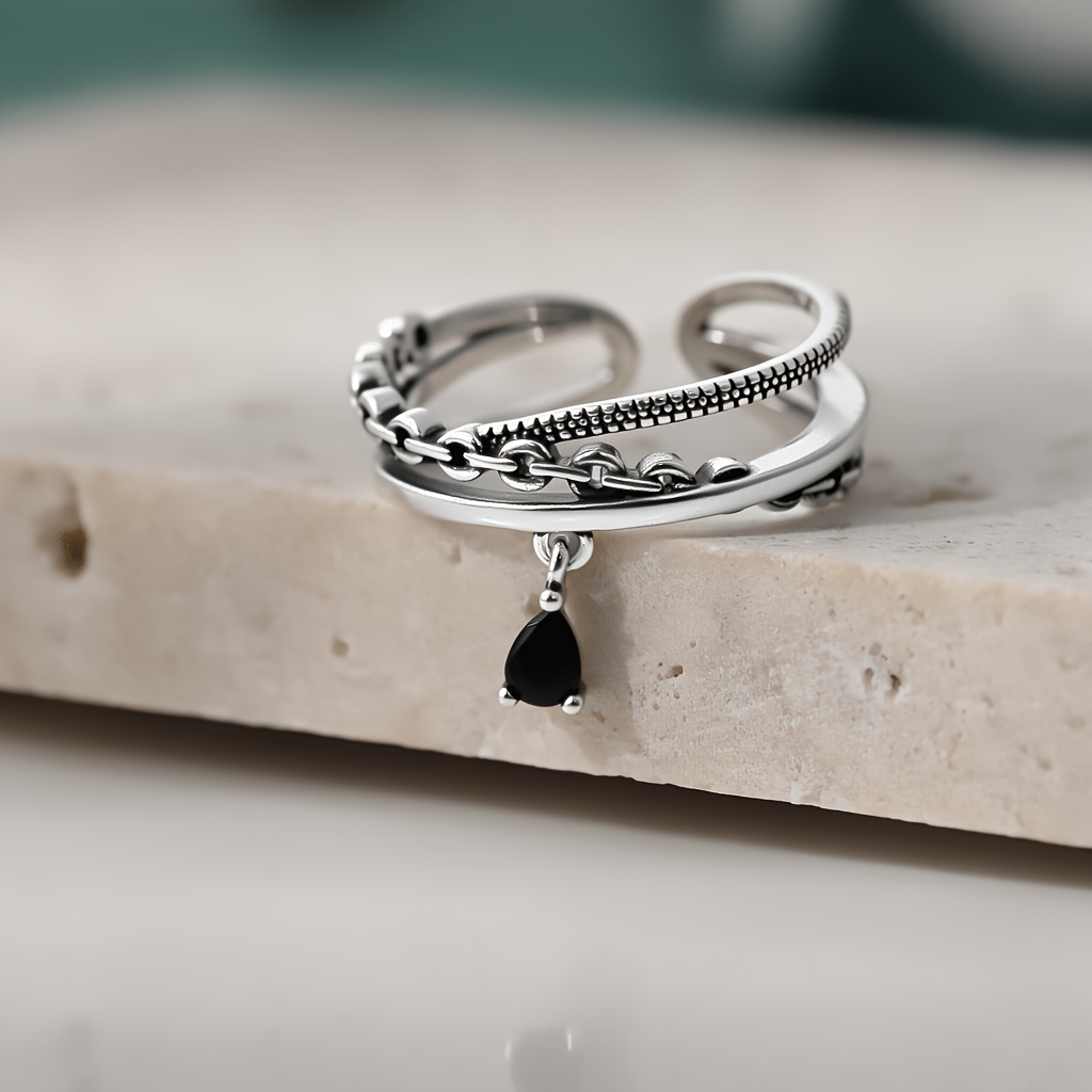 TEMU Retro Distressed Chain Cross Zirconia Ring Individual Niche Style Dark Shui Teardrop Knuckle Ring