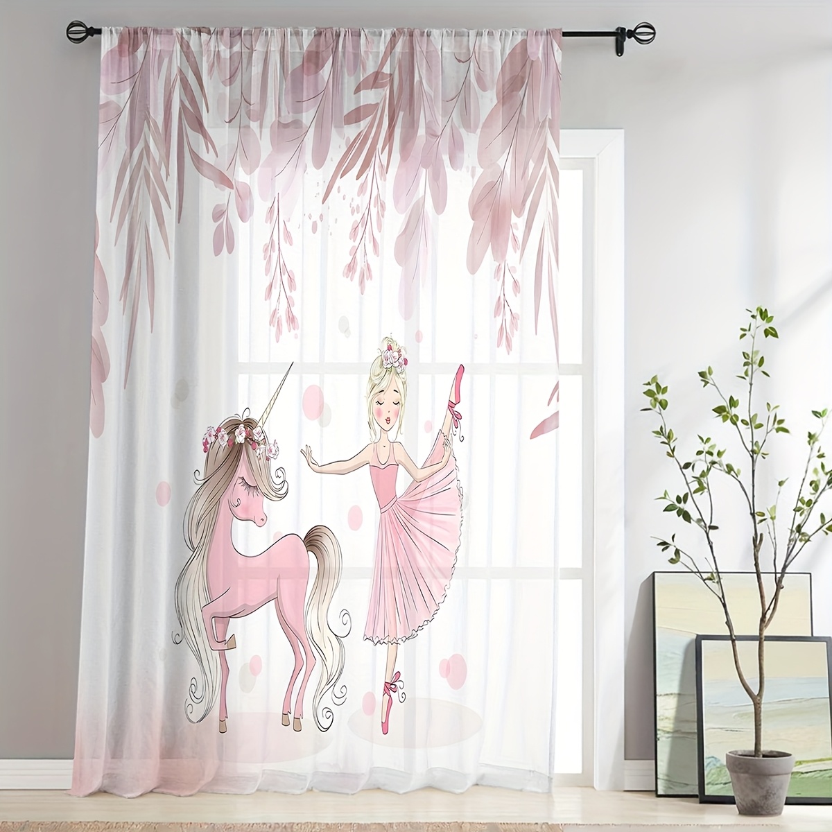 TEMU 1pc, Natural Art Sheer Curtain, Cartoon Pink Pony With Cute Dancing Design, Premium Tulle Fabric, Light-filtering Privacy Protection, Home Decor