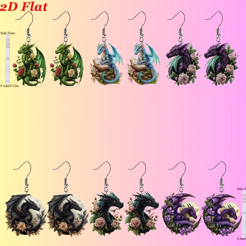 TEMU Boucles d'oreilles 2D plates, 6 paires de breloques en acrylique de dragon , boucles d'oreilles à motif de dragon lune floral, bijoux gothiques,