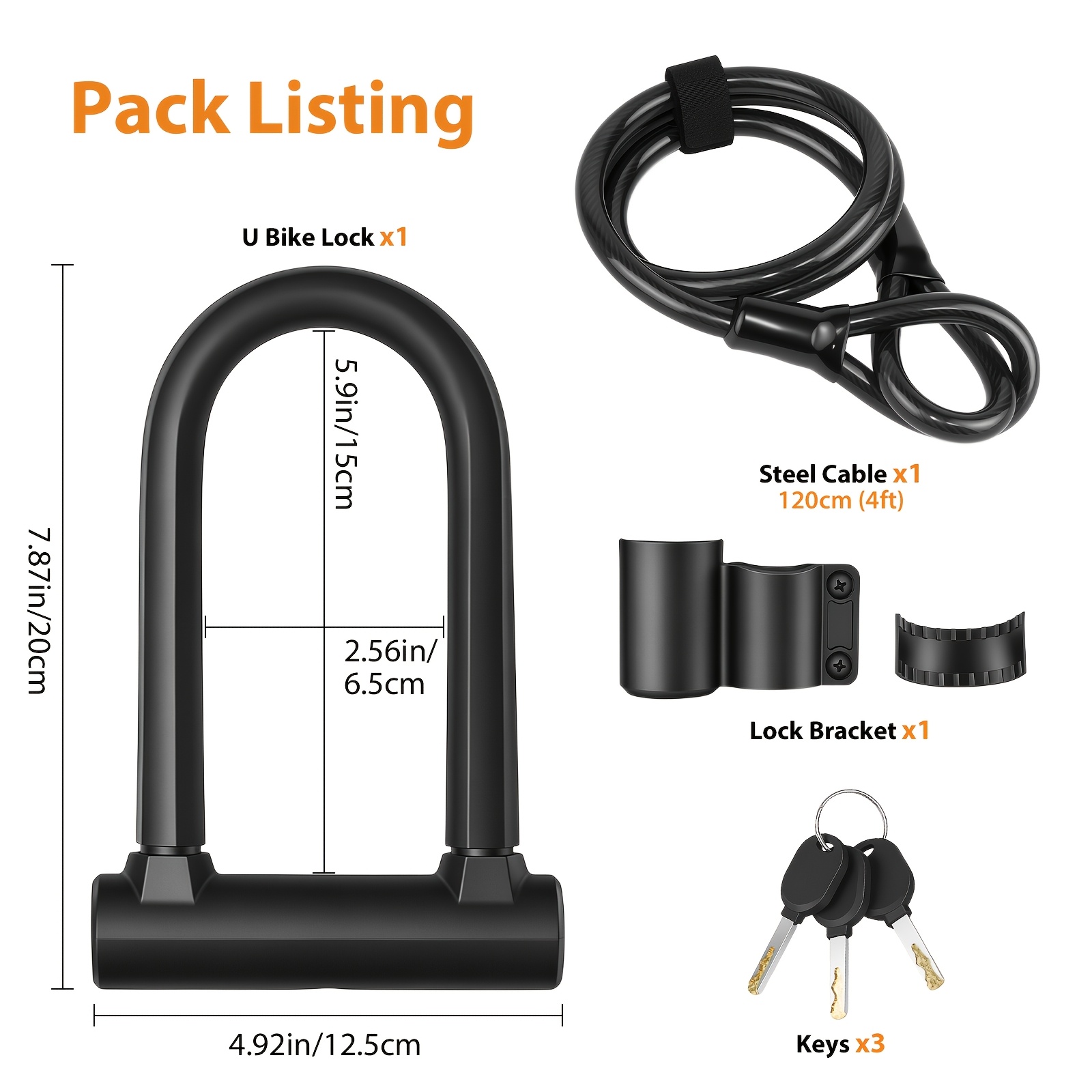Heavy Duty Bike D Lock with Steel Security Cable & Mounting Bracket