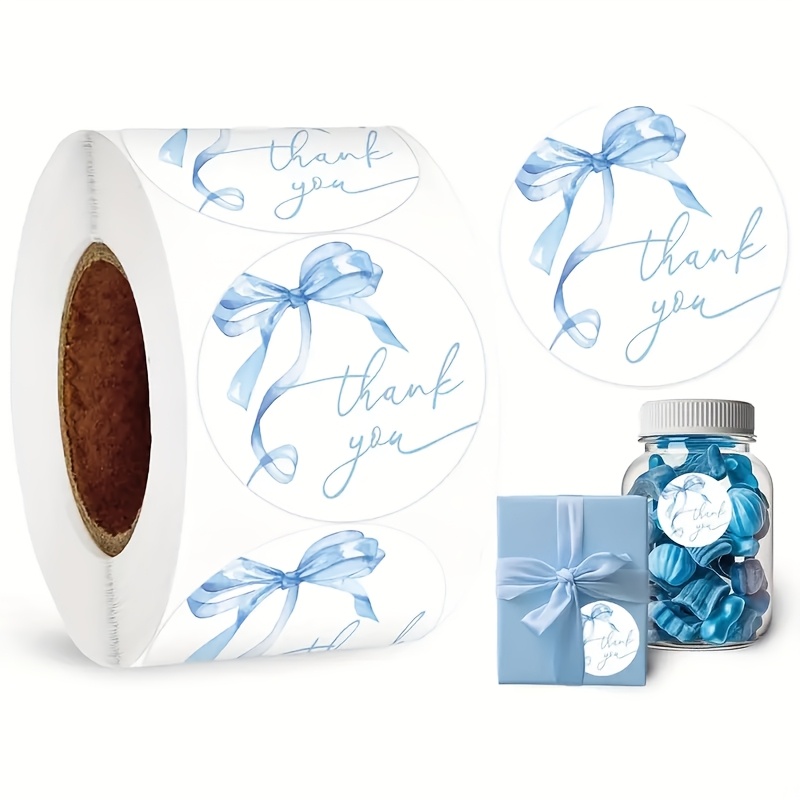 TEMU 500pcs/Rouleau Autocollants en Papier "" avec Nœud Bleu, Sacs à Bonbons, Albums de Scrapbooking Main, Enveloppes, Fournitures pour Petites