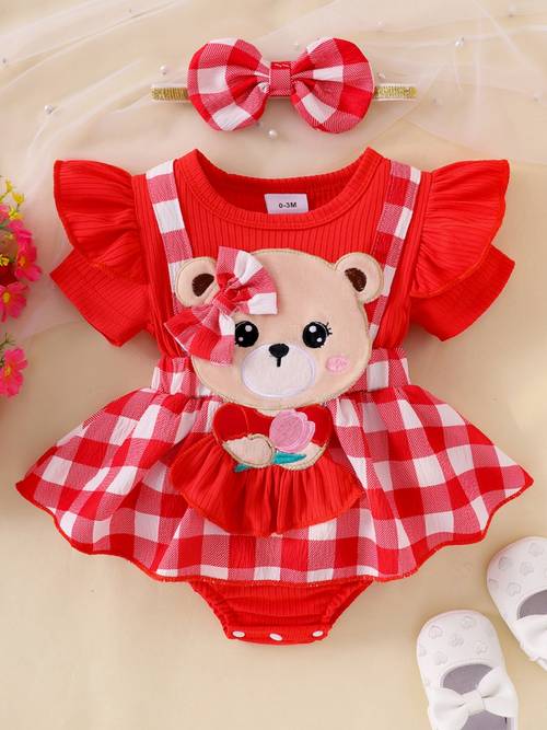 0 18m cute little girl jumpsuit dress with patch short sleeved jumpsuit bow headband