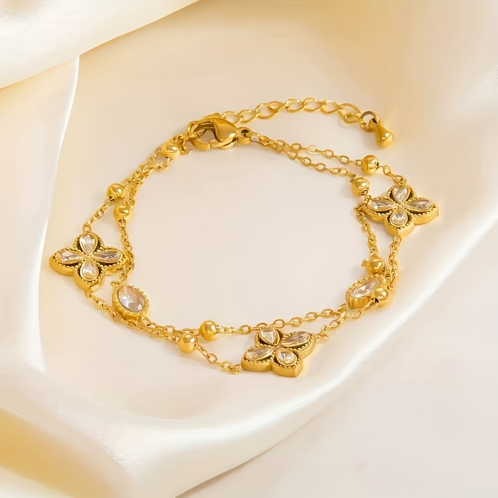 Women's Elegant Double-Layer Chain Flower Bracelet, Stainless Steel