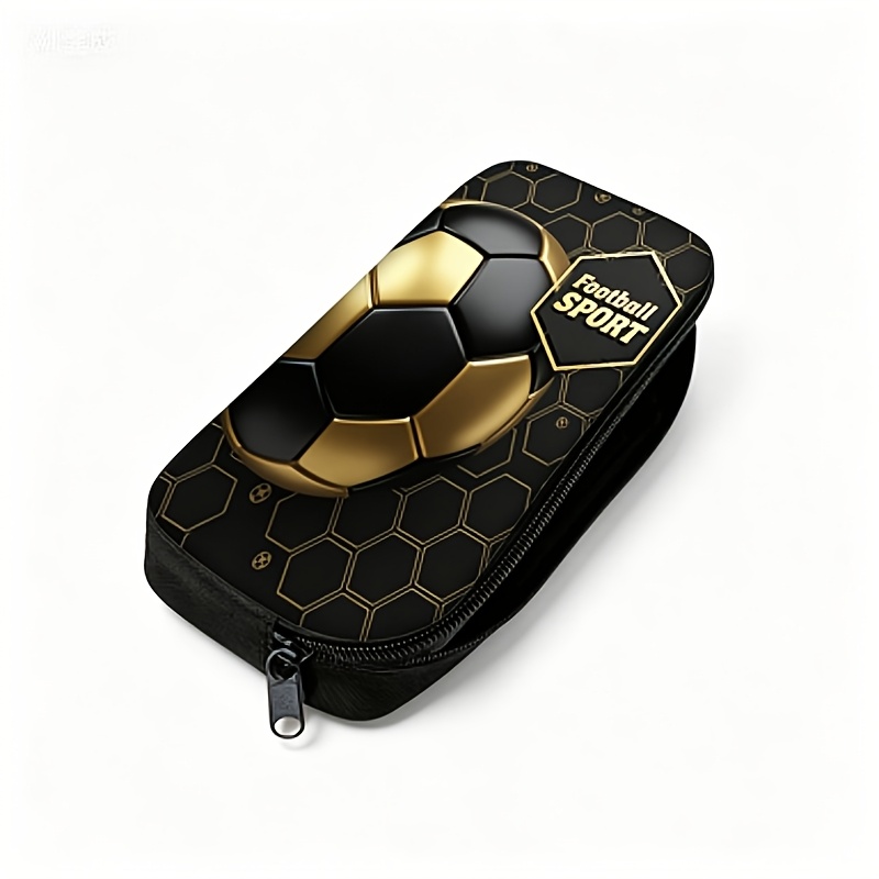TEMU Cool Black And Golden Football Print Portable Pencil Case, Suitable For Daily Use In School And Office