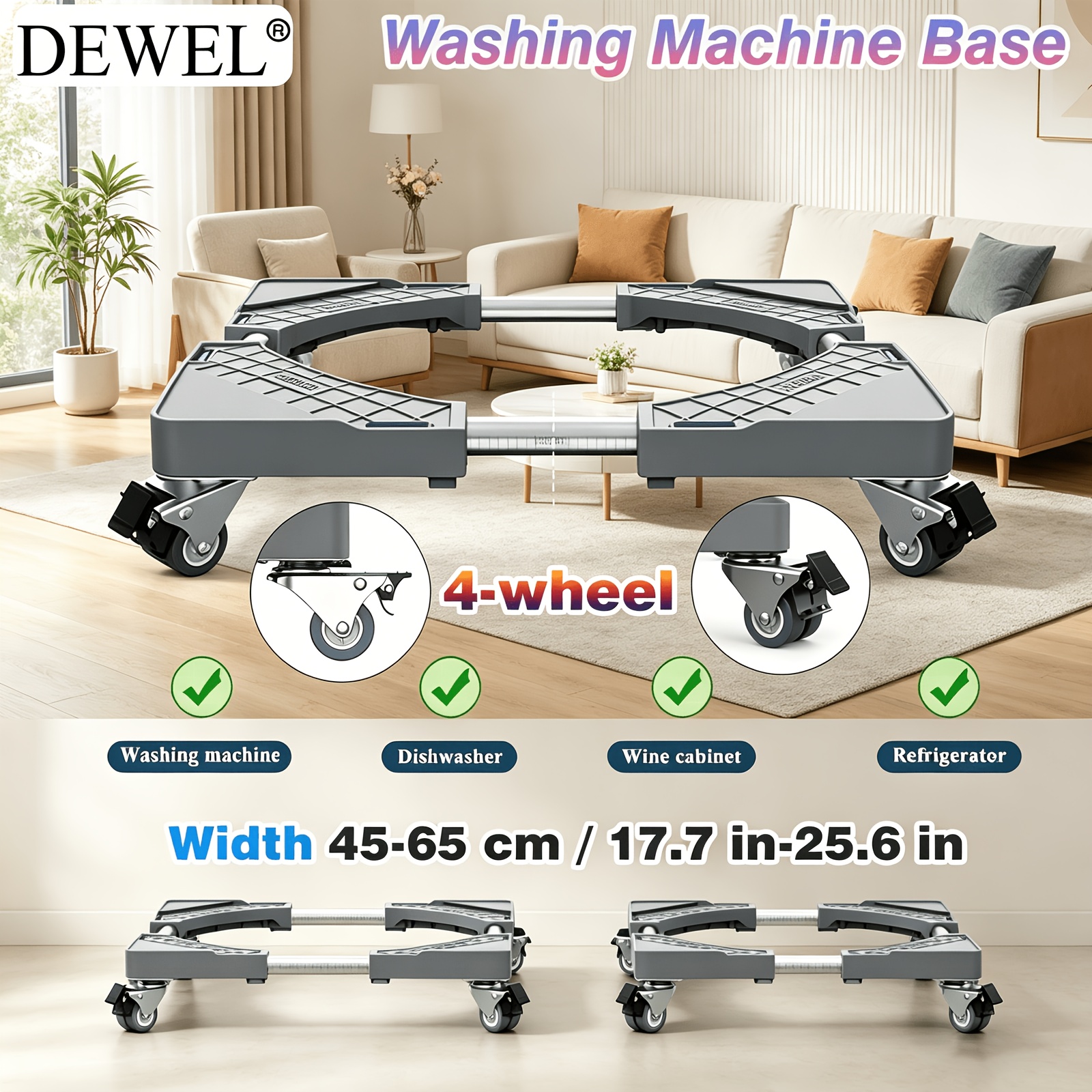 Dewel [width 45-65cm] Washing Machine Base With 4-wheel Swivel Casters For , 200 Kg Washing Machine Base For Washing Machines Dryer Fridge Base For Washing Machines, Gray