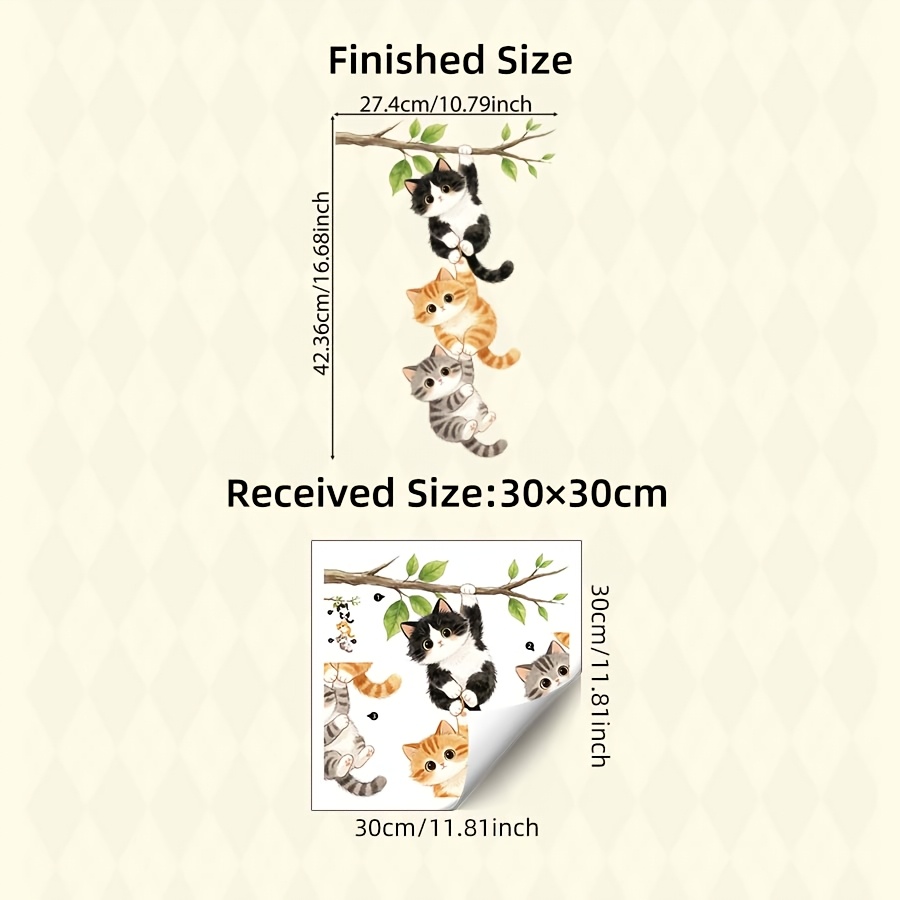 TEMU 1pc Cartoon 3 Kittens Hanging On A Tree Static Cling Window Sticker, Reusable Cat Glass Decal, No Adhesive, For Living Room Bathroom, Whimsical