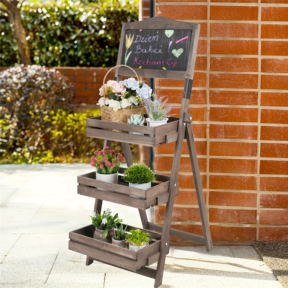 3-tier Wood Sidewalk Menu Chalkboard Sign With Display Shelf Plant Stand Flower Shelf
