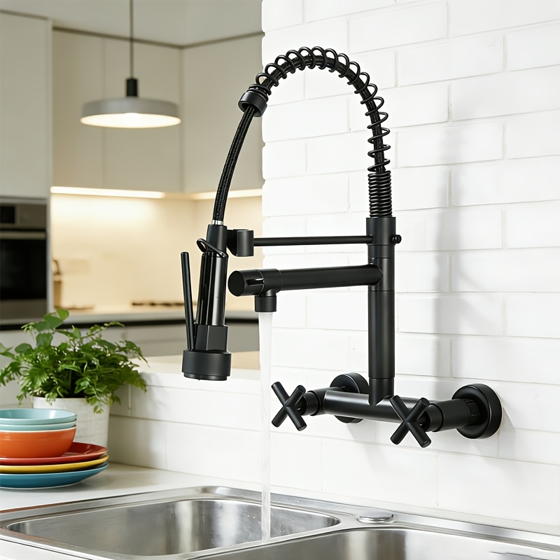 Image of Wall Mount Kitchen Faucet, Matte Black Kitchen Sink Faucet With Pull Down Sprayer, 2 Handle Commercial Faucet For Kitchen Laundry, Brushed Nickel