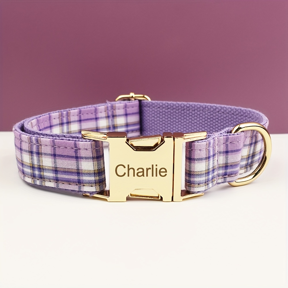 XINXIPETS Customized Plaid Dog Collar - Adjustable Metal Buckle, Personalized Name & Phone Engraving, Durable Polyester, Multi-Color Options for All Dog Sizes, Anti-Loss Safety Design, Dog Collar Personalized, Goldtoned Metal
