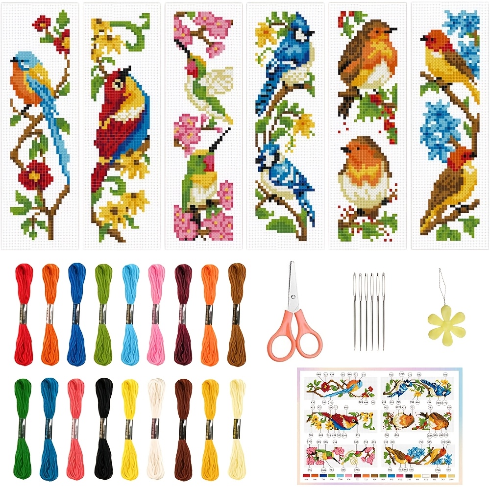TEMU 6pcs Animal-themed, And Flowers Pattern Cross- Bookmark Art Set - Includes 6pcss Printed Cross- Fabrics, Threads, Colored Embroidery Tools