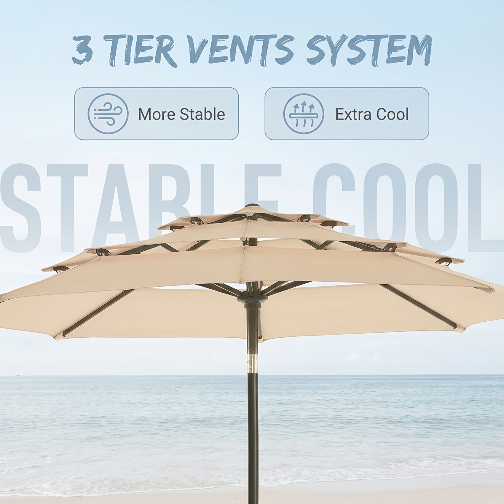 10Ft 3 Tiers Market Umbrella Patio Umbrella Outdoor Table Umbrella With Ventilation, Outdoor Umbrella For Patio, Pool Umbrella, Polyester Canopy, Suitable For Patio, Pool, Garden, Backyard, Deck, Base Not Include, Father'S Day Gift