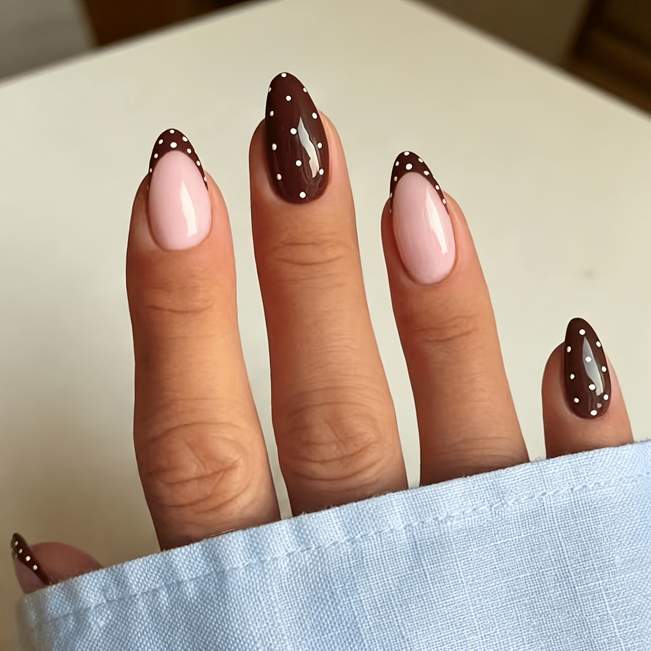 TEMU 24pcs Medium Almond-shaped Coffee-colored French Edge White Polka Dot Nail Tips Gentle Finished Removable Wearable Nails Press-type Fingernails