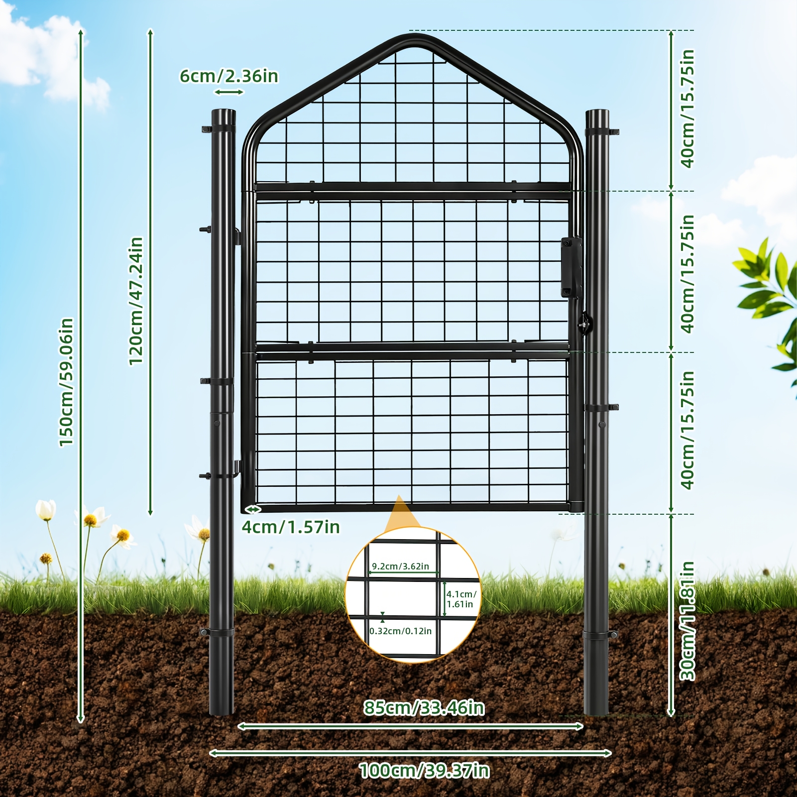 Metal Garden Gate 100x150cm Black Powder Coated Fence Gate With Posts & Handle, Rust-proof Single Gate For Outdoor Backyard