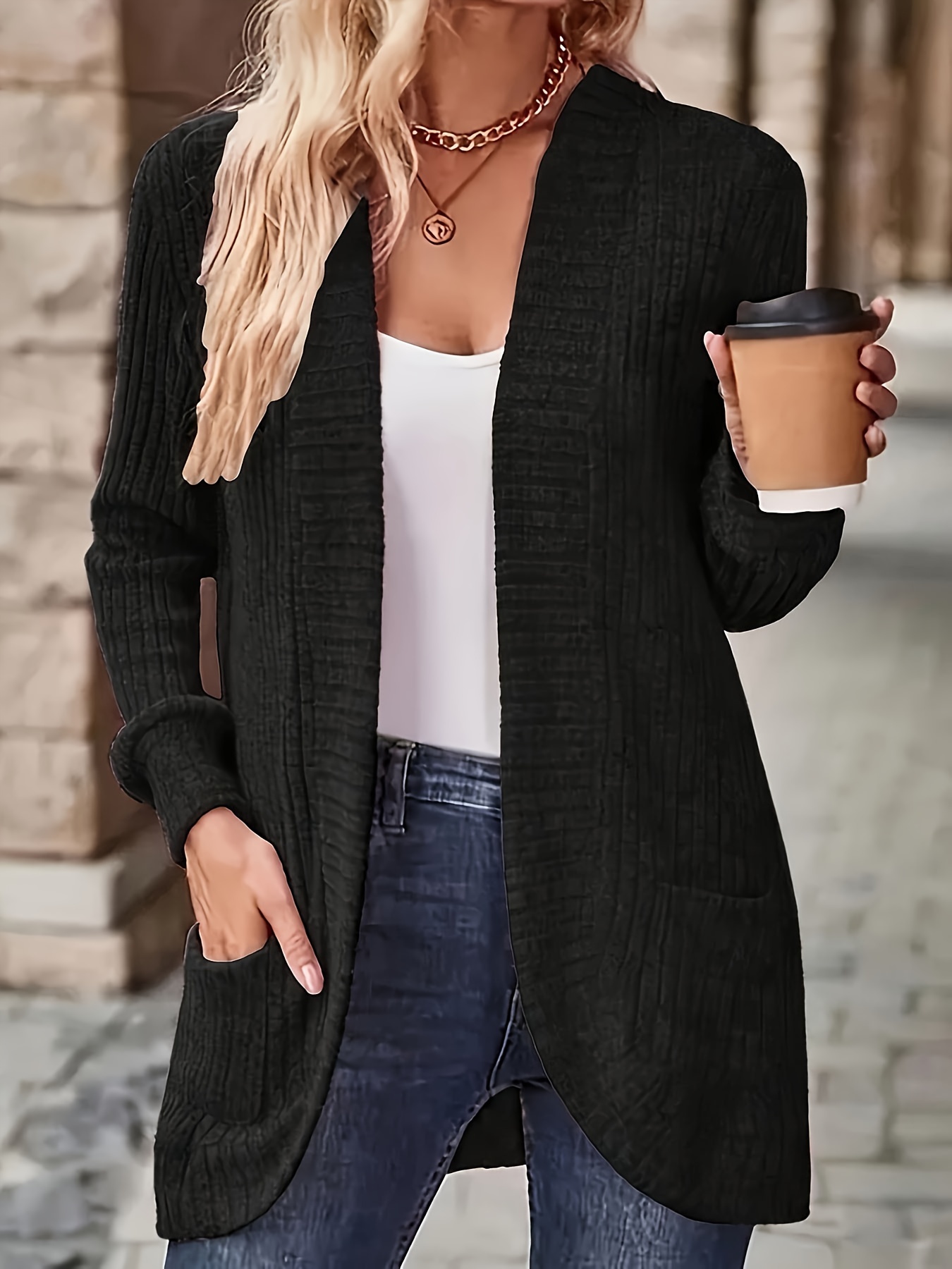 gilet ouvert à double poches cardigan tricoté à manches Temu