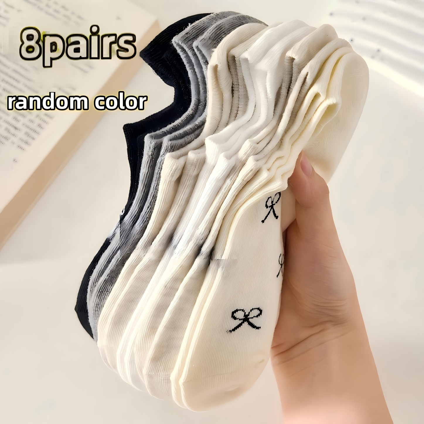 8 Pairs Bowknot Ankle Socks For Women, Invisible Low Cut Boat Socks, Random Colors, Breathable Lightweight Non Slip Loose Cuff, Soft Solid Color Casual Socks For Daily Wear, Versatile Gift For Her