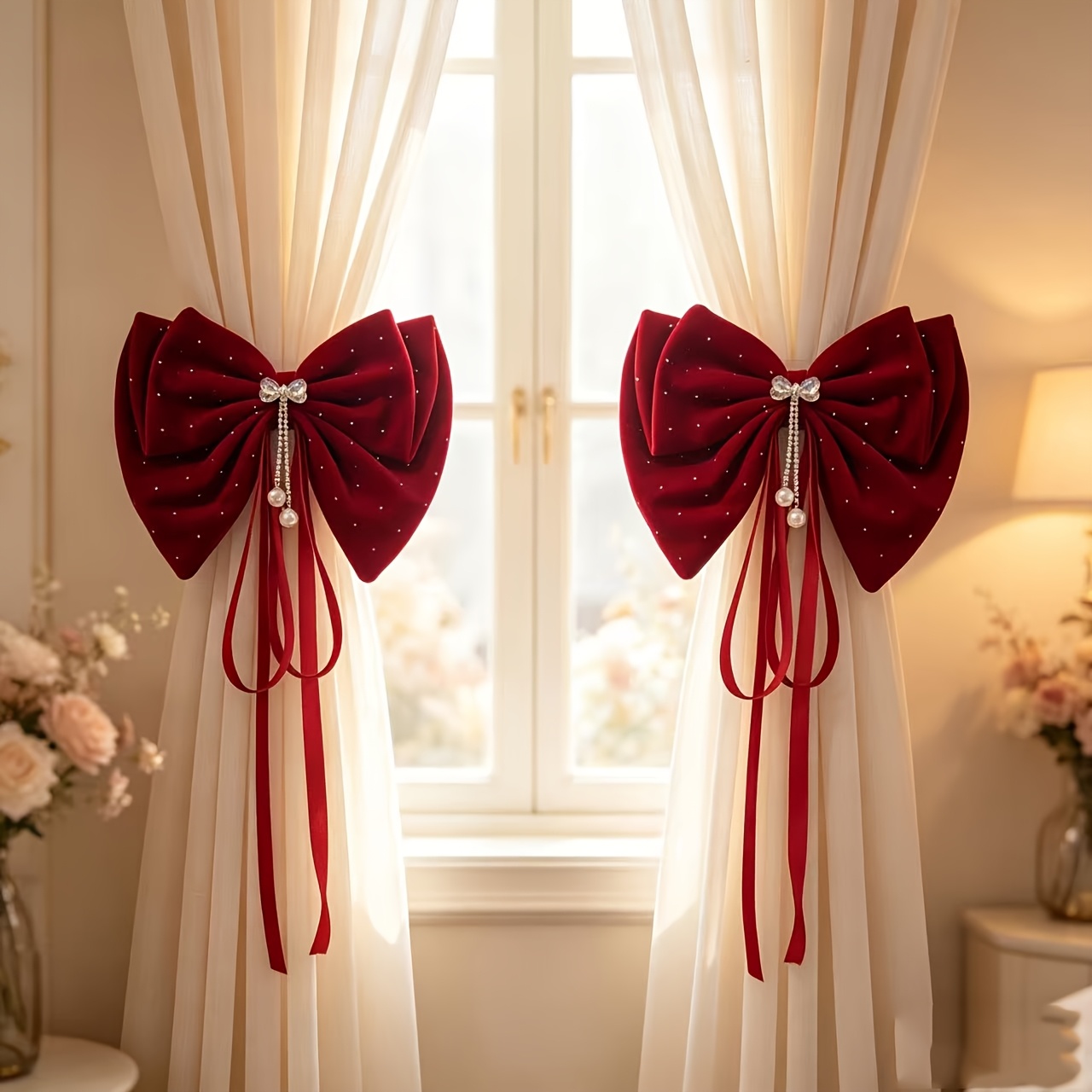 TEMU 2 Pack Red Velvet Large Bow Curtain Tiebacks With Pearl Rhinestone, Christmas Window Curtain Holdbacks, Xmas Holiday Wedding Bedroom Living Room