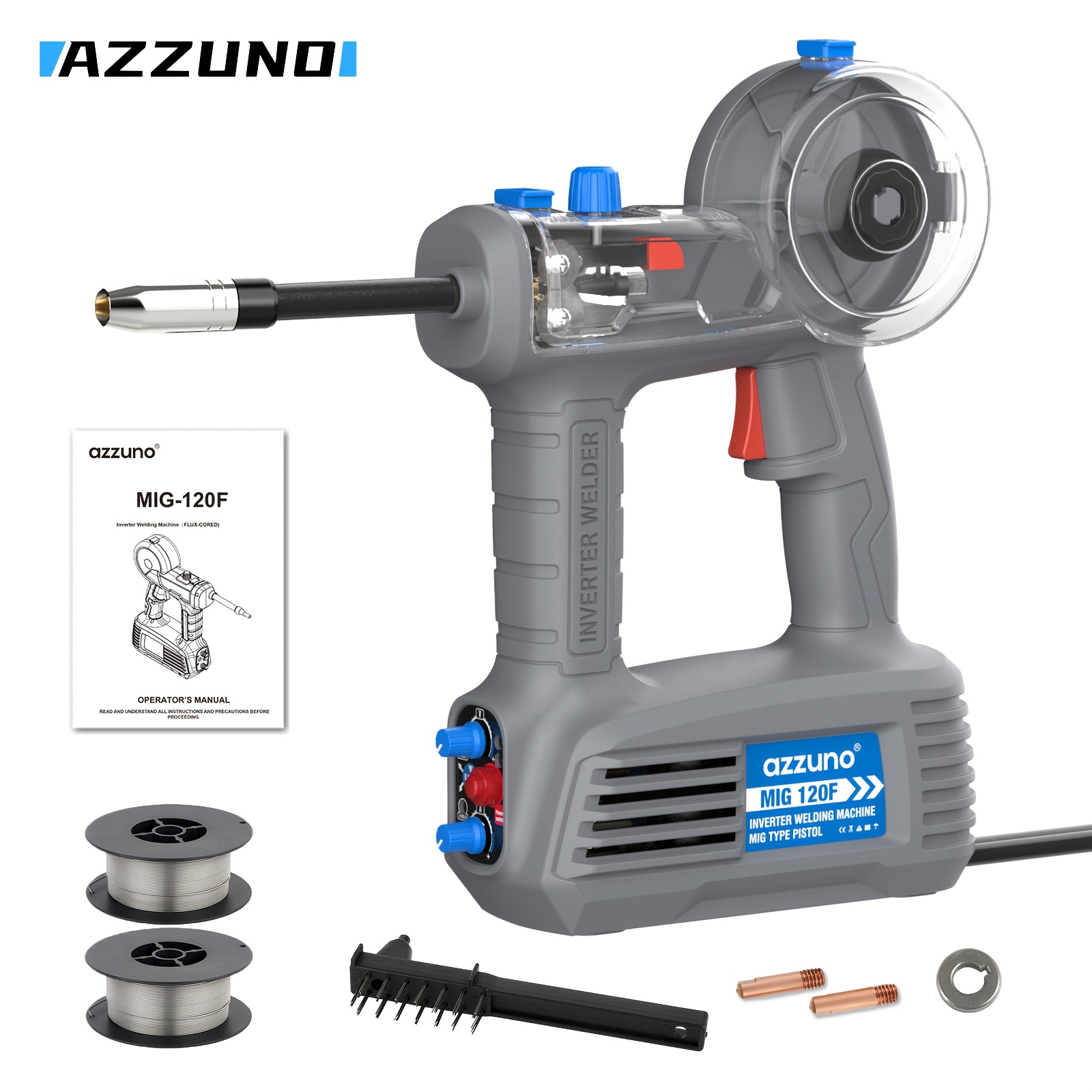 Image of Azzuno Mig-120f Handheld Mig Welder, Portable Inverter Flux Core Welding Machine With 2 Rolls Welding Wire, Adjustable Current For Low, & Repair, Required