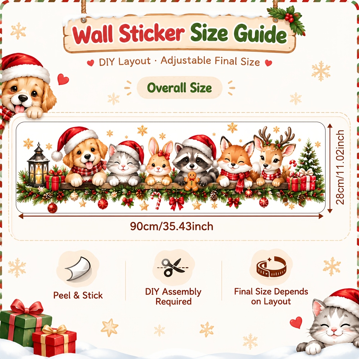 TEMU 1pc 28×90cm Christmas Animals Wall Border Stickers - Dog, Cat, Rabbit, Raccoon, Fox, Deer, Santa Hat, Garland, Gift, Candy Cane Pattern -