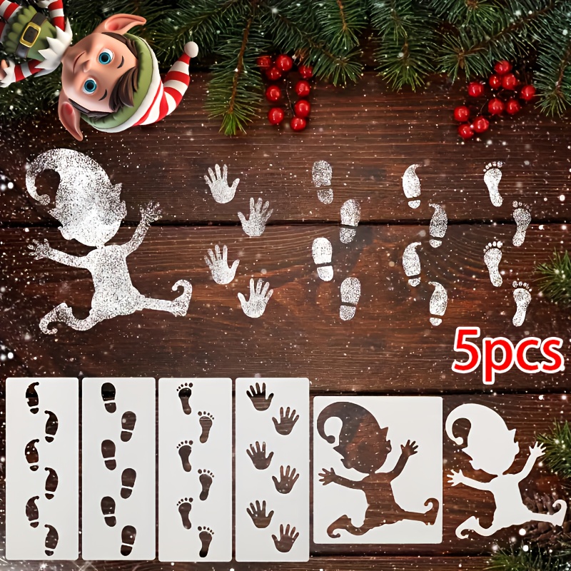 TEMU 5pcs Gnome Christmas Stencil Templates - Plastic Reusable Stencils With Gnomes, Handprint & Footprint Designs Suitable For Door, Wall, Floor,