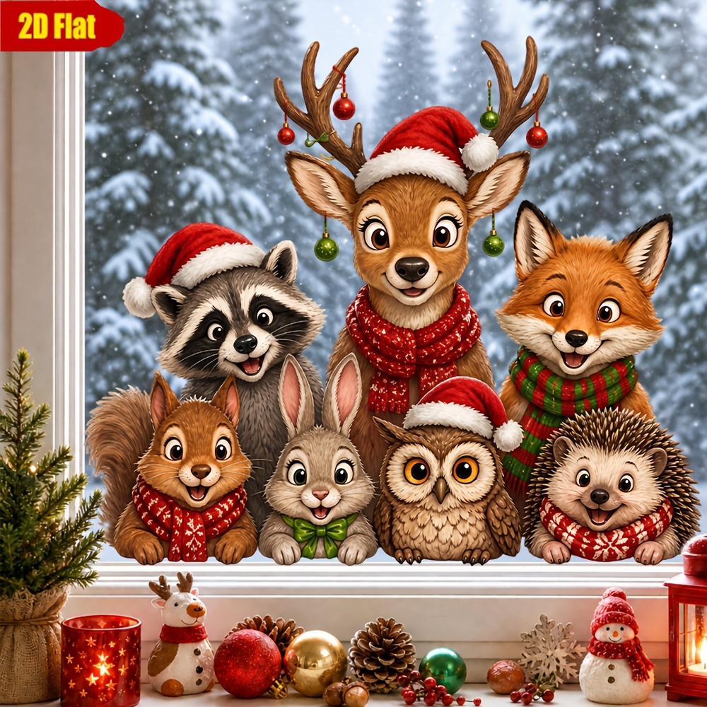 TEMU 1pc Christmas Forest Animal Window Sticker, Reindeer Raccoon Fox Squirrel Owl Hedgehog Rabbit With Santa Hat And Scarf, Glass Decoration Sticker