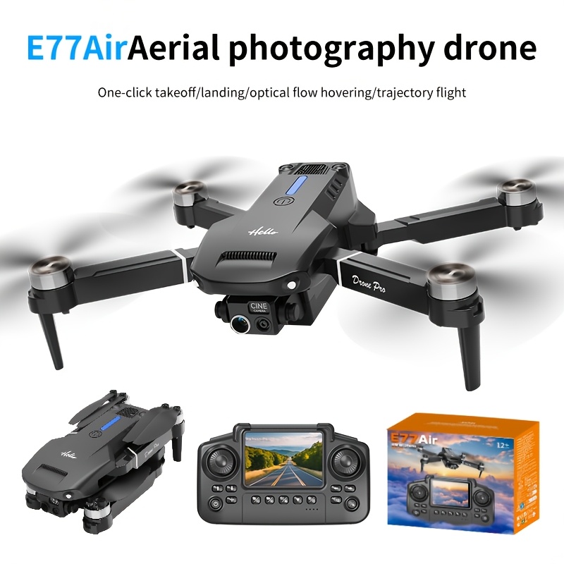TEMU 2026 New E77 Pro Max Drone Foldable Quadcopter With 8k Dual Camera, Visual Remote Control With Screen, 2 Batteries, Brushless Motophotography,