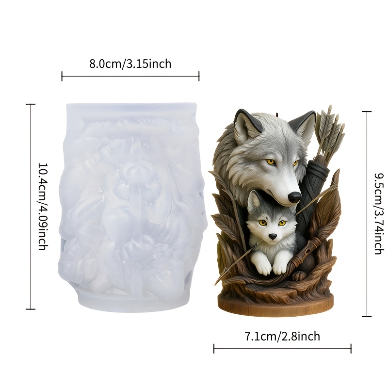E-shop Harzgießformen, eine Schneefeld-Grauwolf-Silikonform mit einem dreidimensionalen, sanften Mutterwolf, der ihr bewacht. Hergestellt aus weichem,