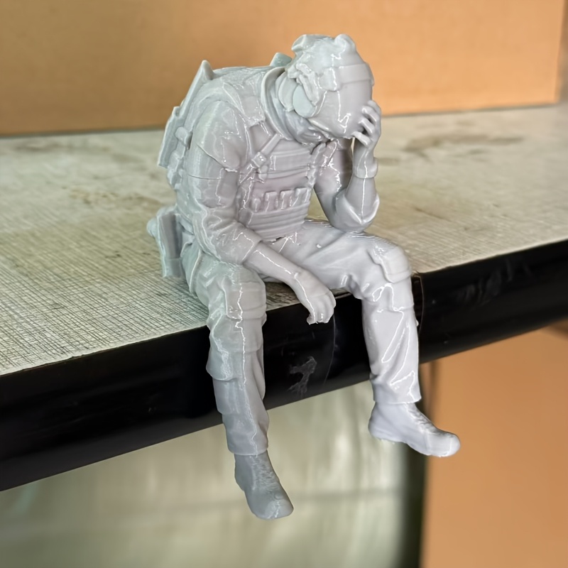 TEMU 1pc Desktop Fun Tired Soldier Sitting Pose Miniature Statue Ornament, Mini Collectible Model, Desktop Decoration, Plastic Material, For Desktop