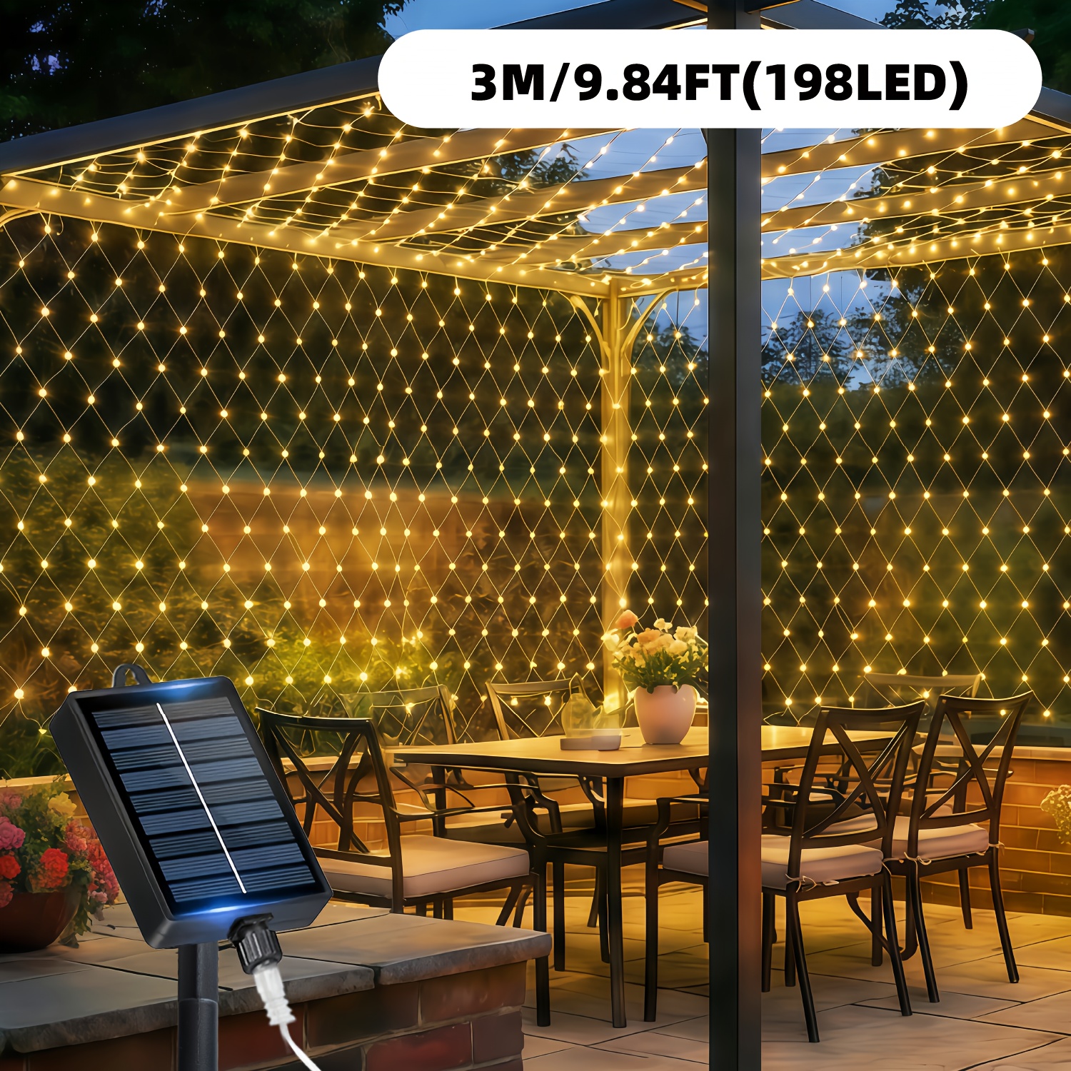 E-shop Eine 3-Meter breite und 2-Meter hohe Solar-Lichterkette für den Außenbereich mit dekorativem Mesh-Design für Sommergärten, mit 12 verschiedenen