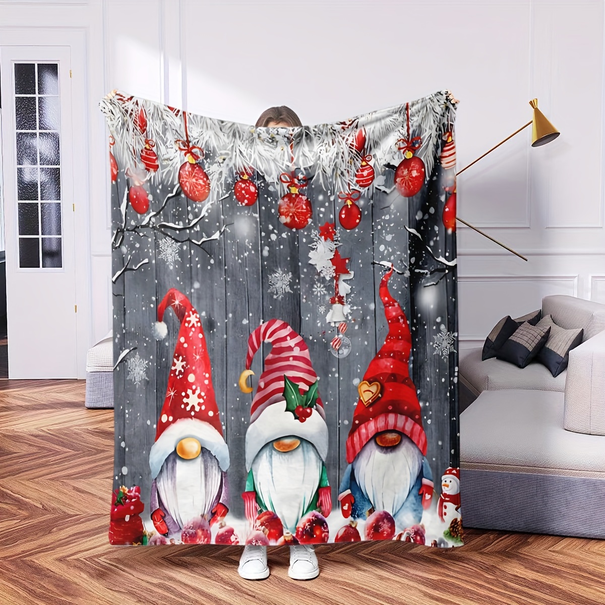 

Contemporary Flannel Christmas Throw Blanket, Polyester Farmhouse Holiday Decor With Red Ornaments, Snowflakes, Grey Barn Theme For Chair, Bed, Sofa, Office And Car