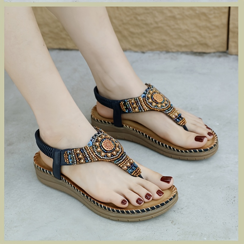 Women'S Flip-Flops, Bohemian Comfortable Beaded Beach Vacation Plus Size Flat Shoes, Women Shoes