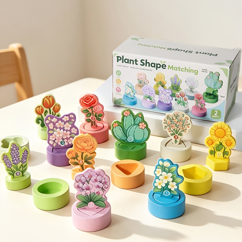 TEMU New Back-to- Wooden Flower Ornament Set Pillar Desktop Flower Matching Board Training Color Discrimination Thinking Educational Wooden Holiday