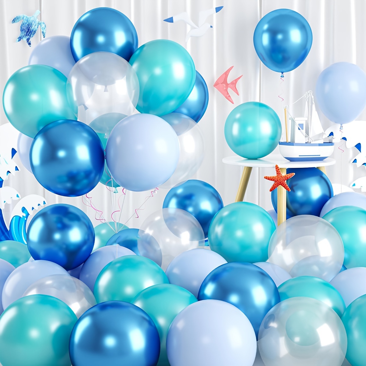 

52-piece Ocean & Mermaid Party Balloon Set - 10" Teal, Metallic Blue & Pearl Teal Latex Balloons For Shark & Sea Themed Celebrations