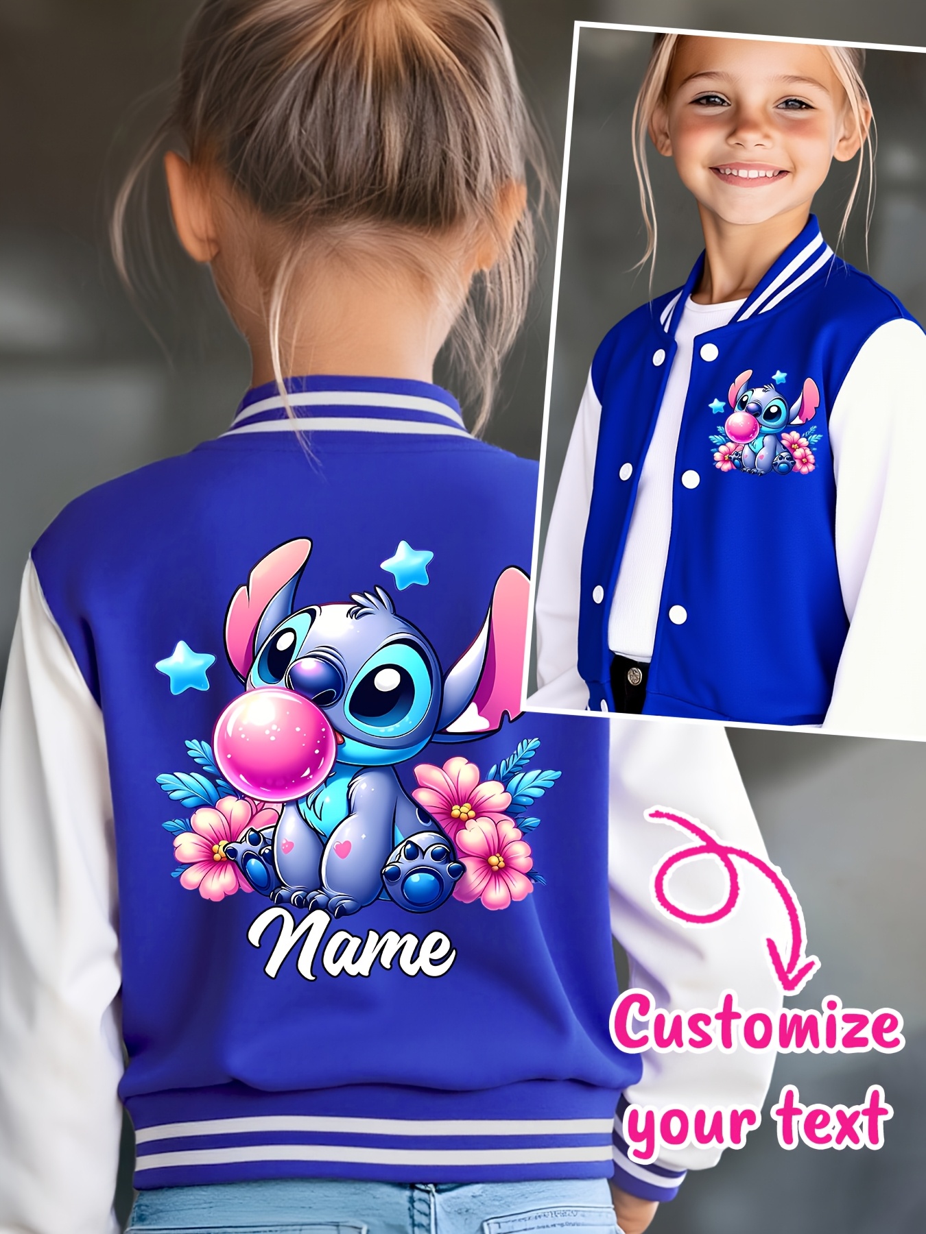 Customizable Stitch Girls' Baseball Jacket - Personalized Text, Autumn/Winter Casual Wear with Cute Stitch Print, Perfect for Halloween & Birthday Gifts, Kids Fashion Sportswear, Stitch Gifts, Festive Kids Clothing, Playful Kids Design, Durable Kids Clothing