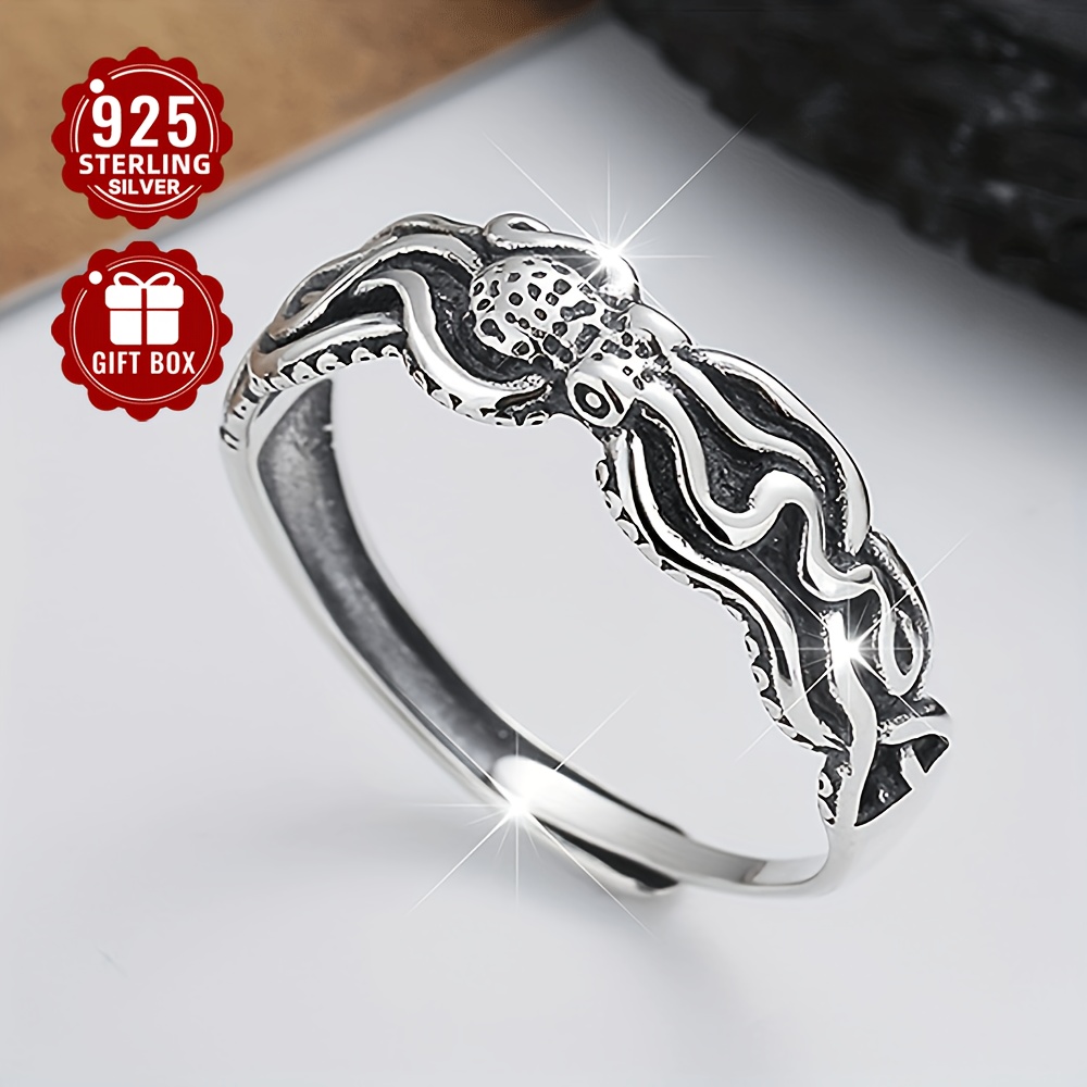 

1pc S925 Pure Silvery Retro Neutral Octopus Three-dimensional Pattern Style Thai Silvery Fashion Punk Style Male And Female Index Ring Suitable For Party Wear About 3.4g