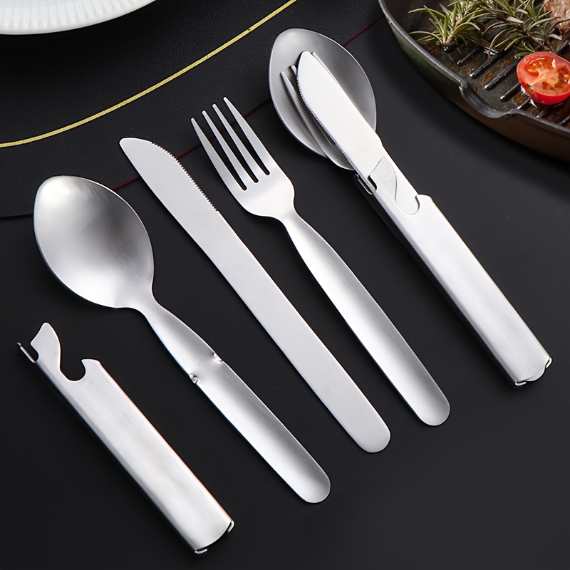 personalized and travel friendly stainless steel outdoor cutlery set with knife fork and spoon including bottle opener   stainless steel portable camping and travel gear in vintage golden and silvery color Product details 3