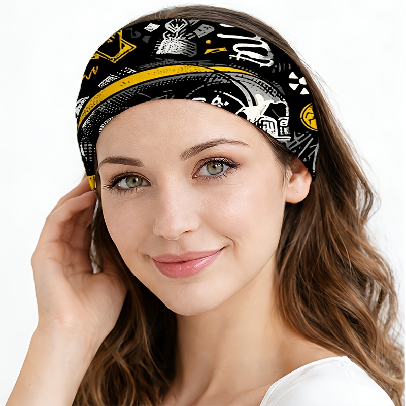TEMU 1pc European/ Women's Streetwear Tie-dye Black, Yellow, And Gray Helmet Graffiti Print Hair Tie, Wide-band Non-slip Headband, Pleated Elastic
