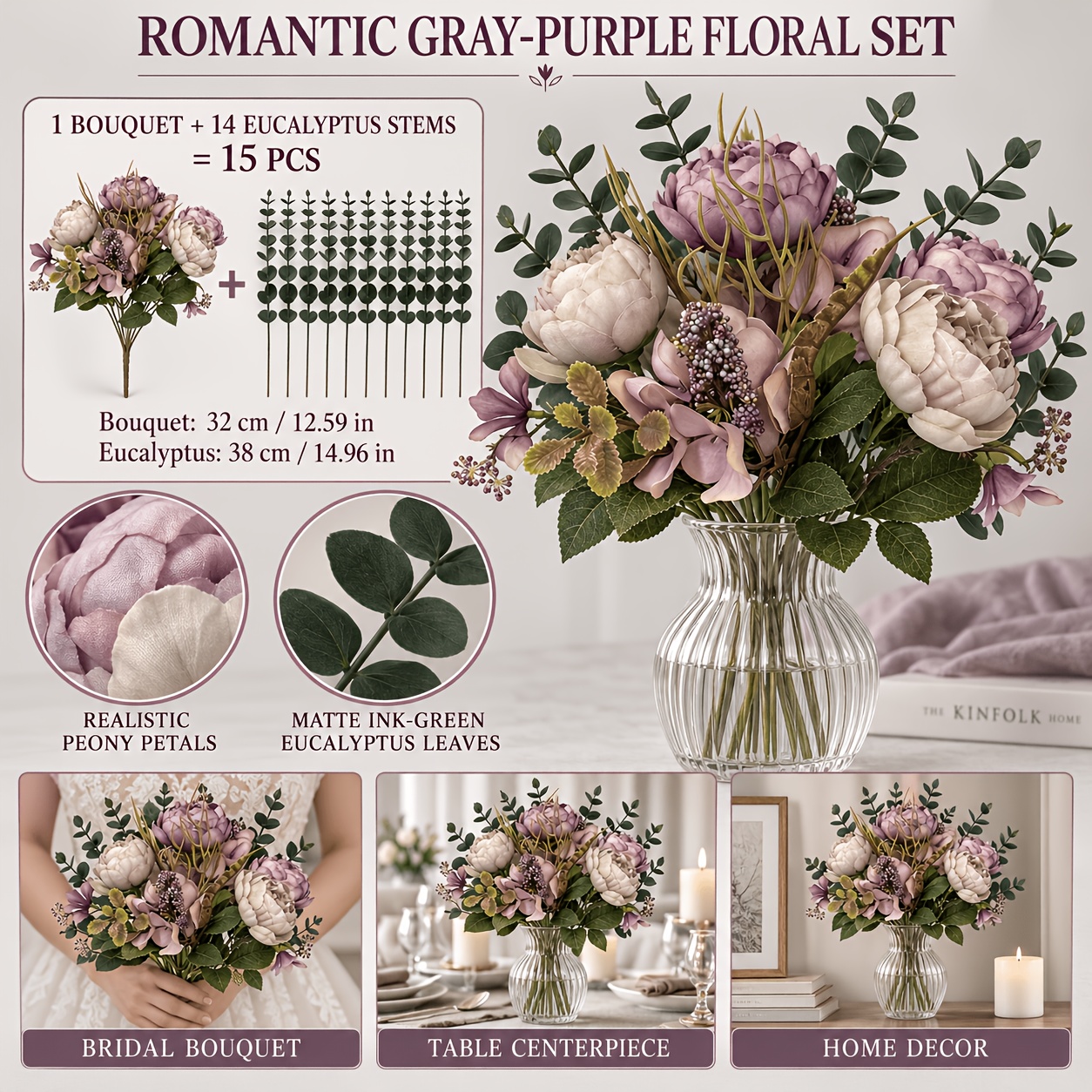 TEMU Set di 15 pezzi di bouquet viola grigio con peonie e eucalipto, composizione vintage Morandi, flessibili e pieghevoli, non richiede irrigazione,