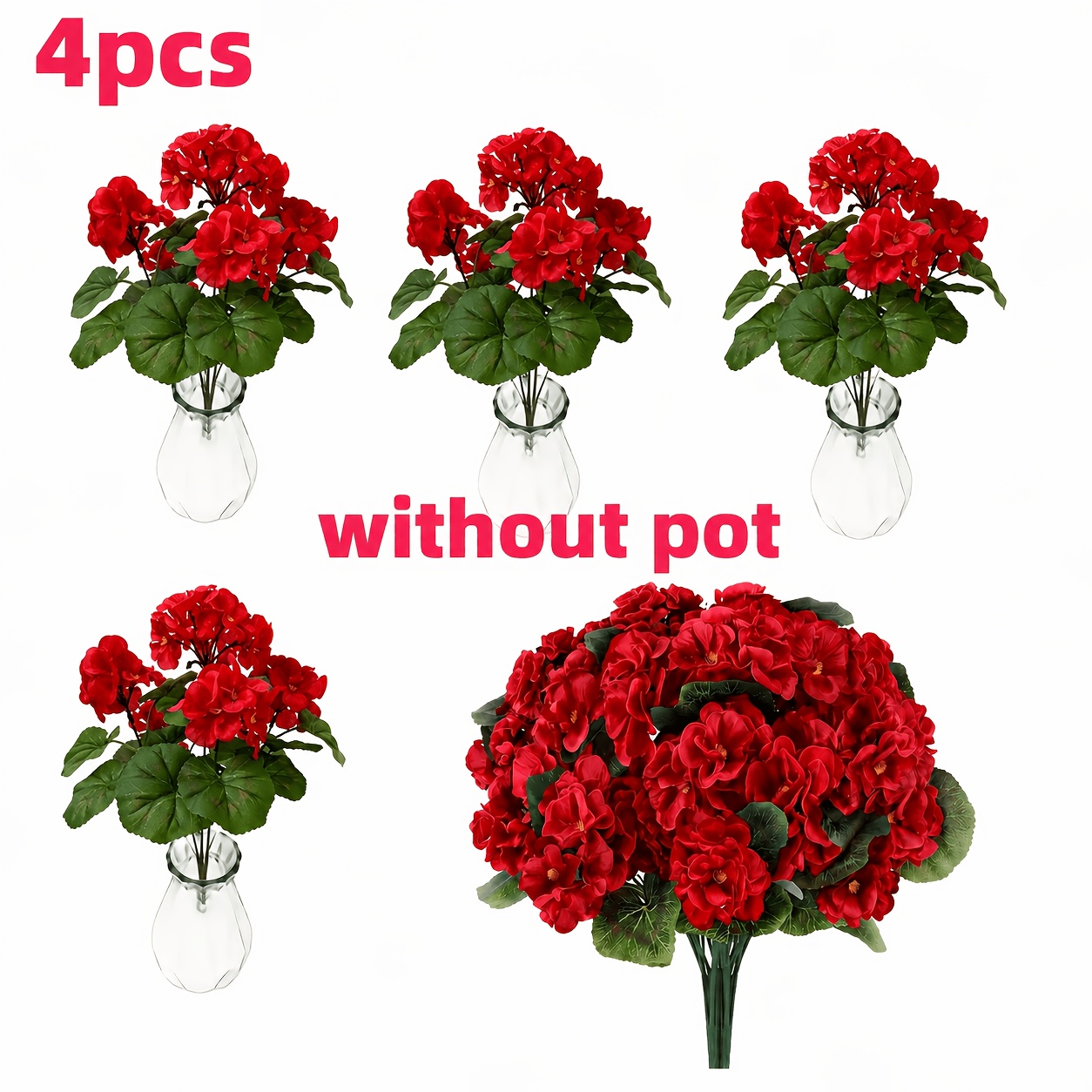 TEMU 120 Flowers = 4 Bouquets Of Red Artificial Geraniums, Uv-resistant Artificial Flowers, Suitable For Outdoor Flower Pots, Window Frames,